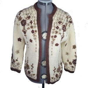 Vintage Hand Loomed Virgin Wool Sweater Floral Tan
